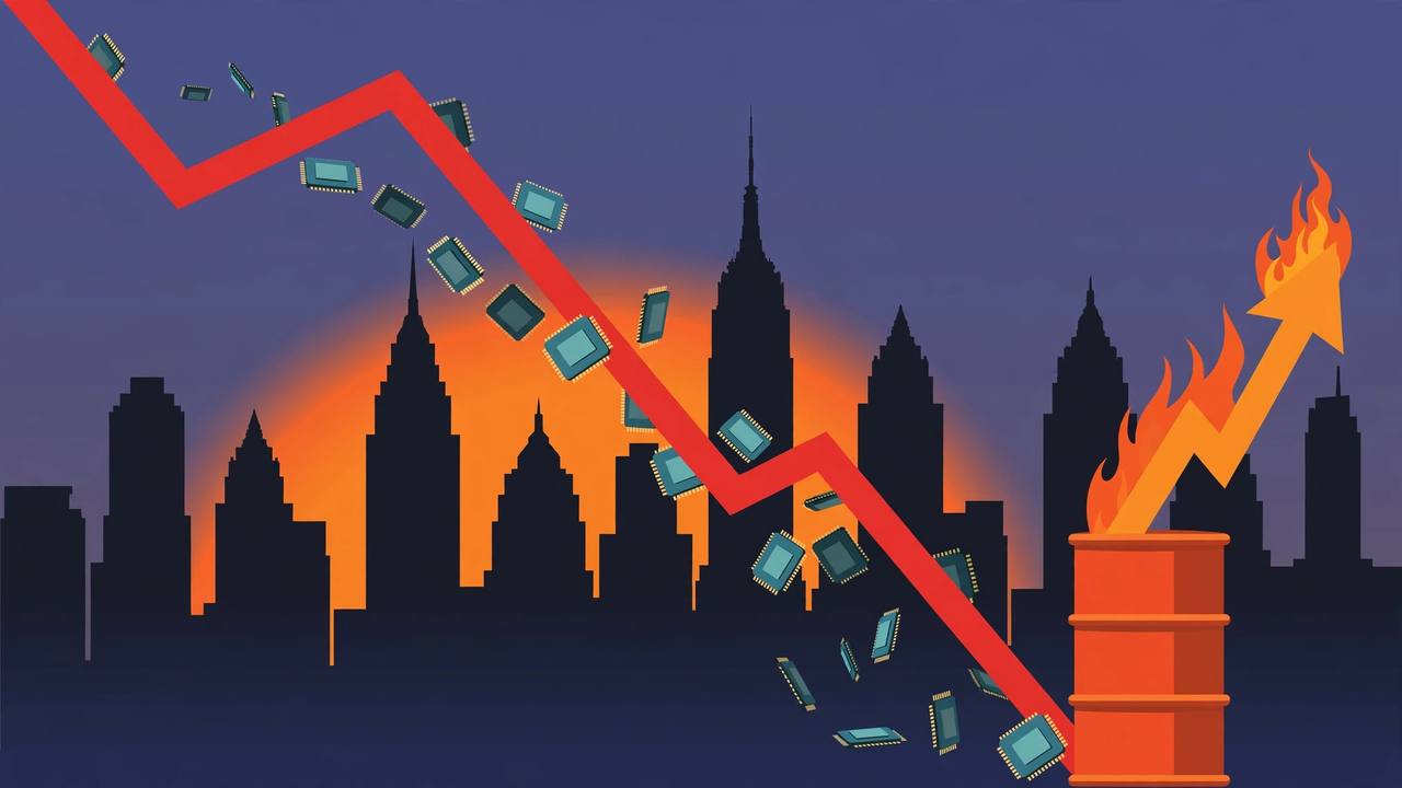 Editorial illustration of a steep falling red stock chart over a New York skyline at dusk, with semiconductor chips tumbling down the slope and an oil barrel with a rising flame arrow beside it