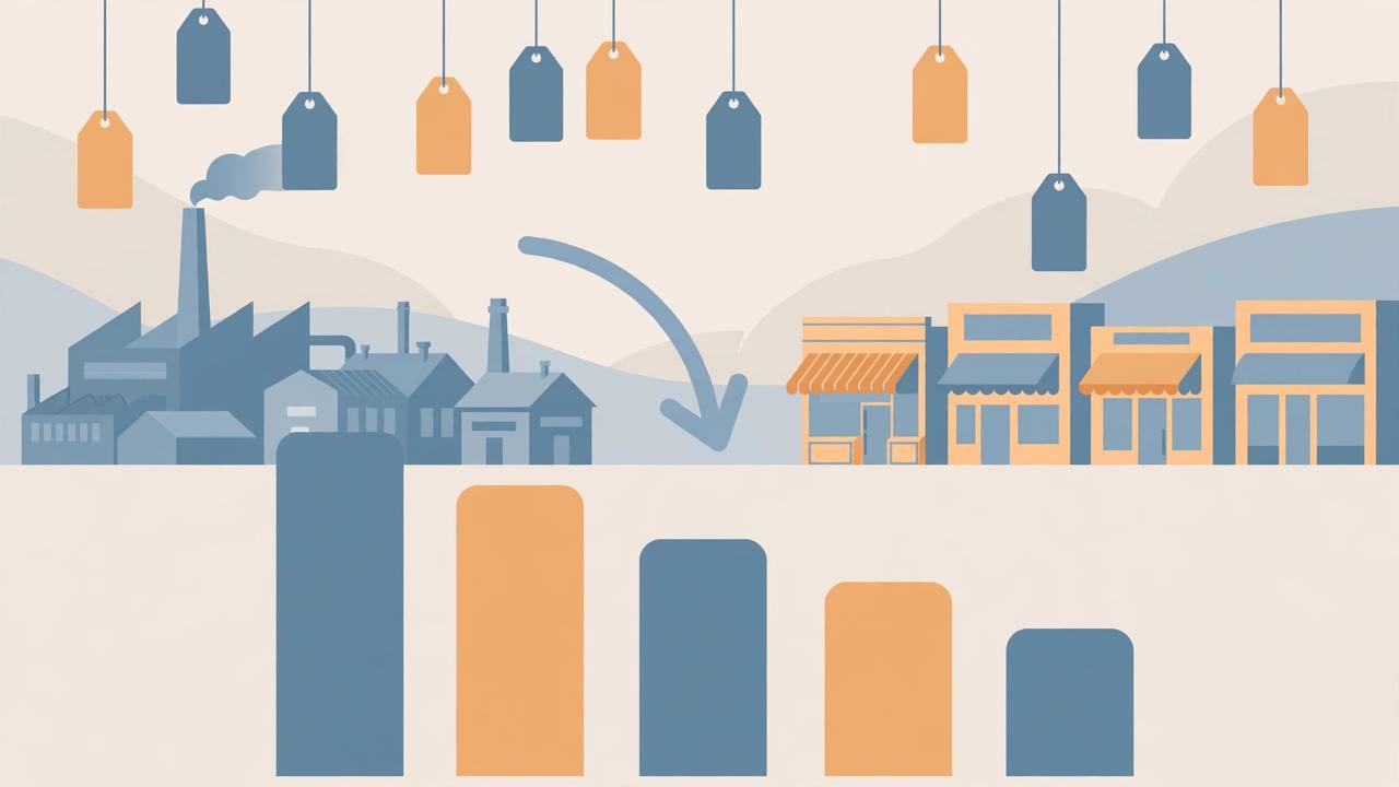 Editorial illustration of a downward-trending bar chart with price tags, a factory and small shops, flat style, no text, no people's faces