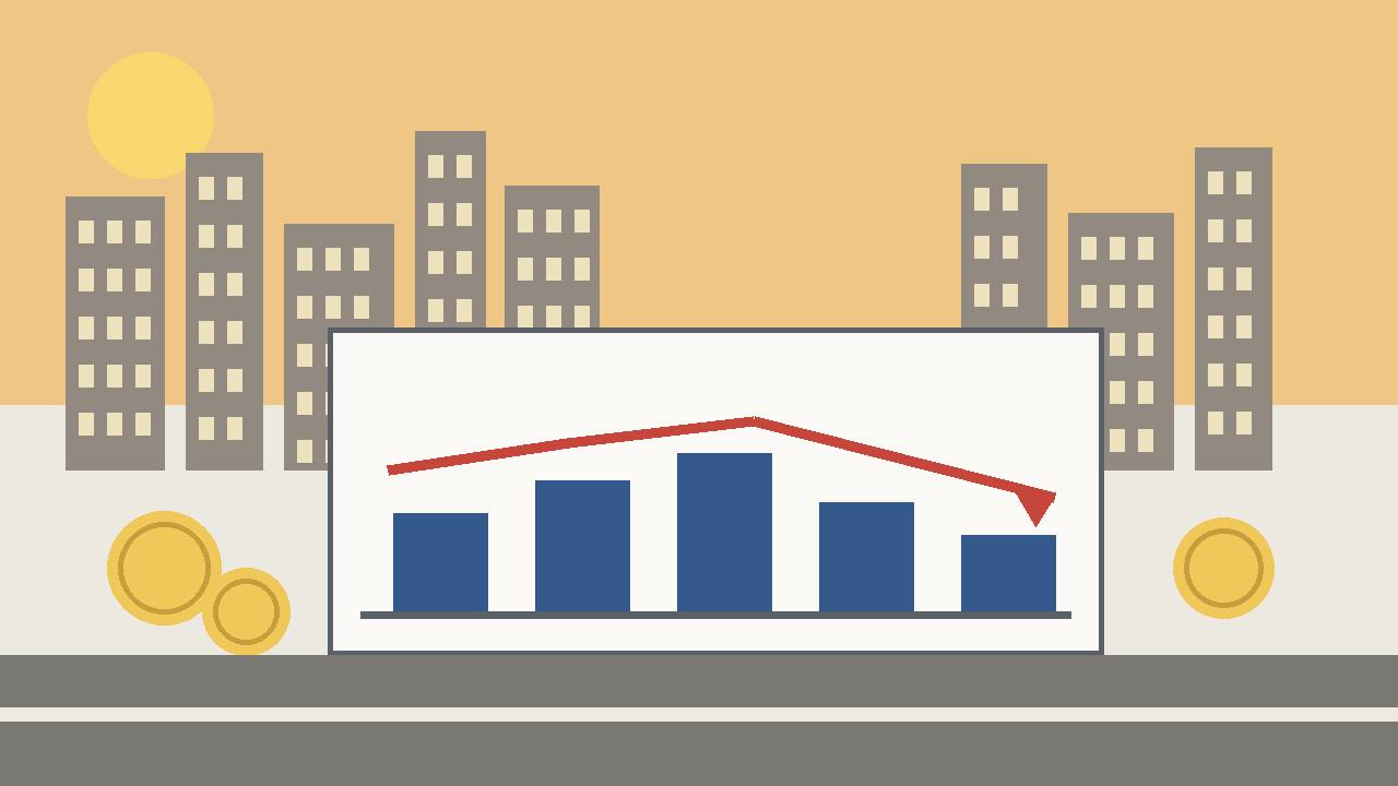 Editorial illustration of a generic city skyline with a bar chart and an easing downward arrow and plain coins — no people, no text