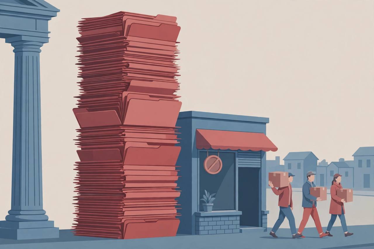 Editorial illustration of a courthouse pillar beside a rising stack of bankruptcy filing folders and a small shopfront, generic figures only