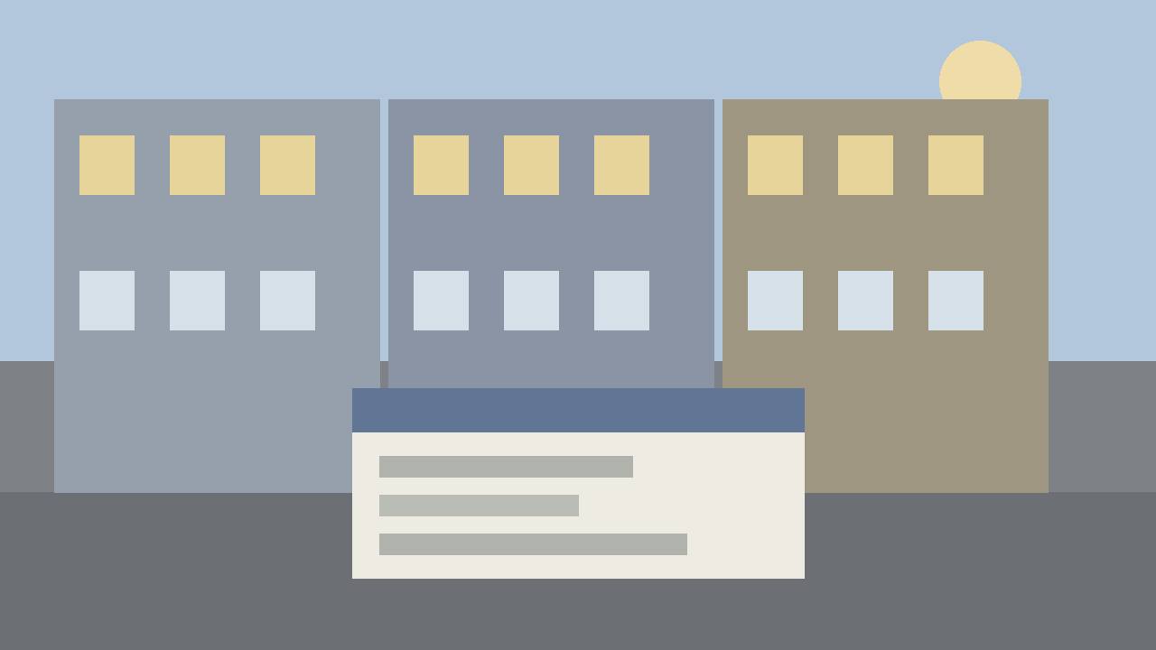 Editorial illustration of generic office buildings and a large blank paycheck card in the foreground, flat style, no people, no text, no real place depicted