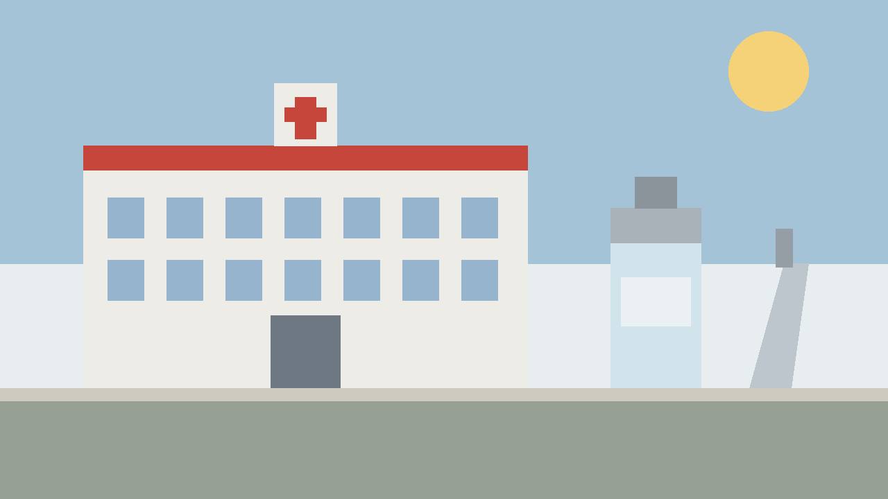 Editorial illustration of a generic clinic building with a red cross and a large vaccine vial — no people or patients depicted