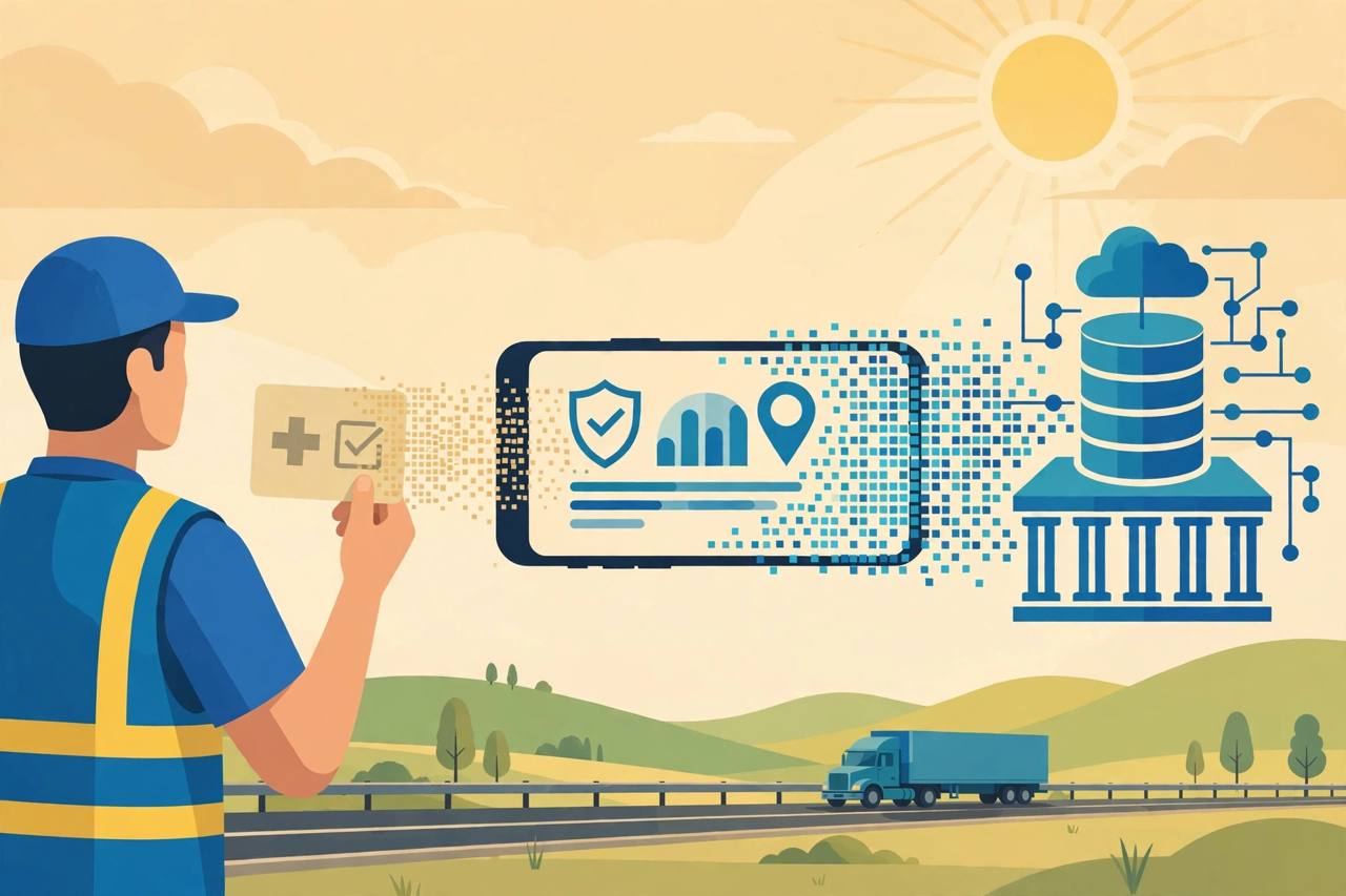 Editorial illustration of a generic truck driver whose paper medical card is becoming a digital record, flat style, no real person
