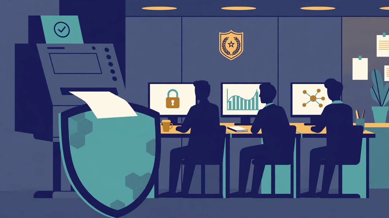 Editorial illustration of a voting machine protected by a shield, with generic cybersecurity analysts at monitors in a government office