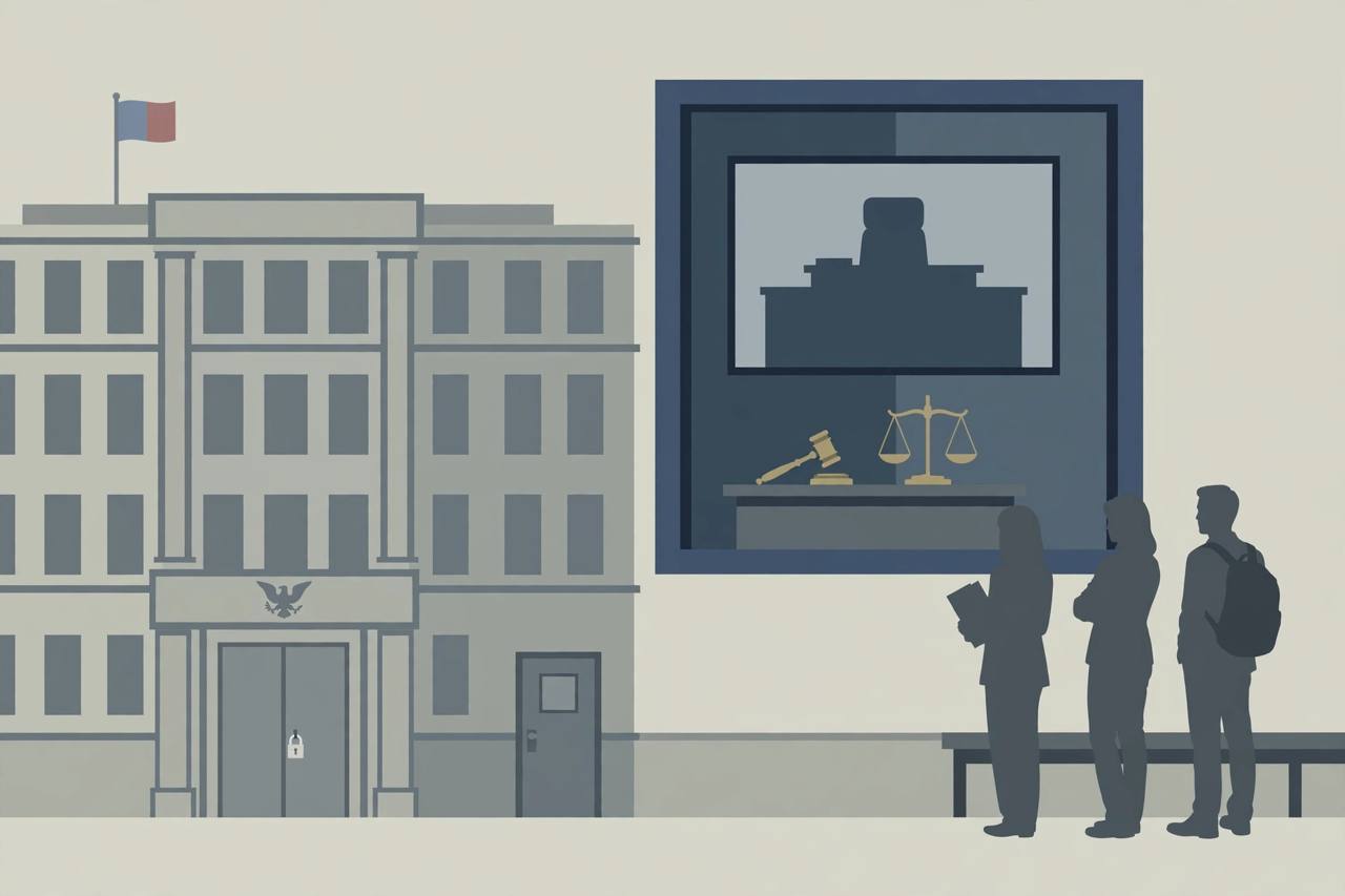 Editorial illustration of a generic federal office building beside a video-screen courtroom with a gavel and scales of justice, and generic silhouetted figures waiting outside