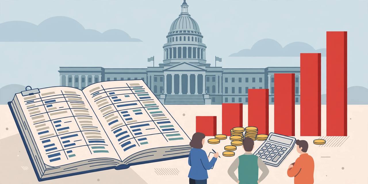 Editorial illustration of a generic budget ledger, rising red bars, coins and a calculator in front of a generic capitol-style building, flat style, no real person