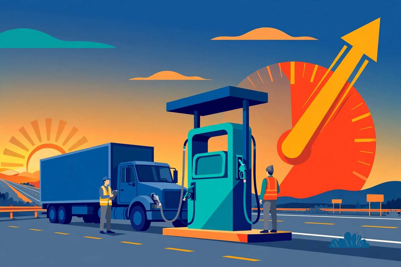 Editorial illustration of a generic semi truck at a diesel pump on an American highway with a rising fuel gauge, flat style, no real person depicted