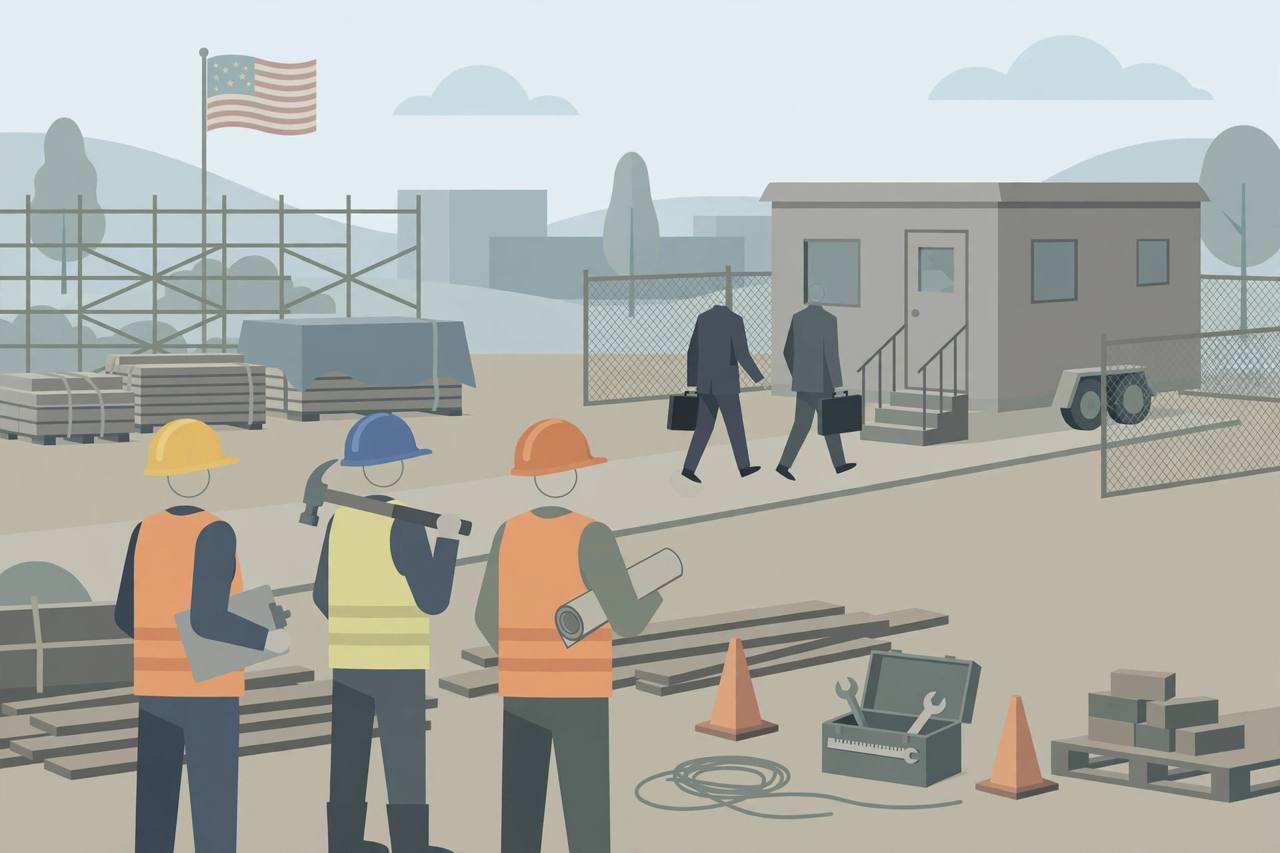 Editorial illustration of generic construction workers and officers with briefcases at a worksite (Editorial illustration)