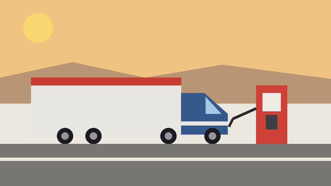 Editorial illustration of a generic semi truck beside a red fuel pump on a highway at sunset — no people, no logos, no text