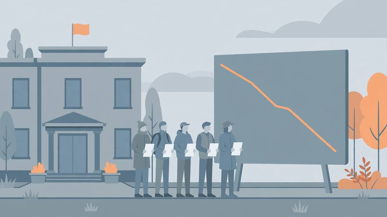 Editorial illustration of generic workers holding blank application forms outside a government employment office, beside a large board showing a falling line, flat style, no text, no real person or place depicted