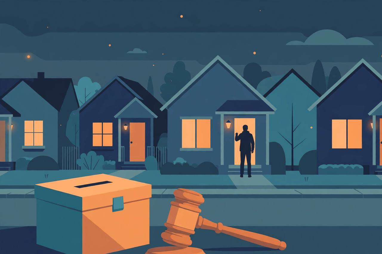 Editorial illustration of suburban American houses, a generic figure knocking on a front door, a ballot box and a judge's gavel