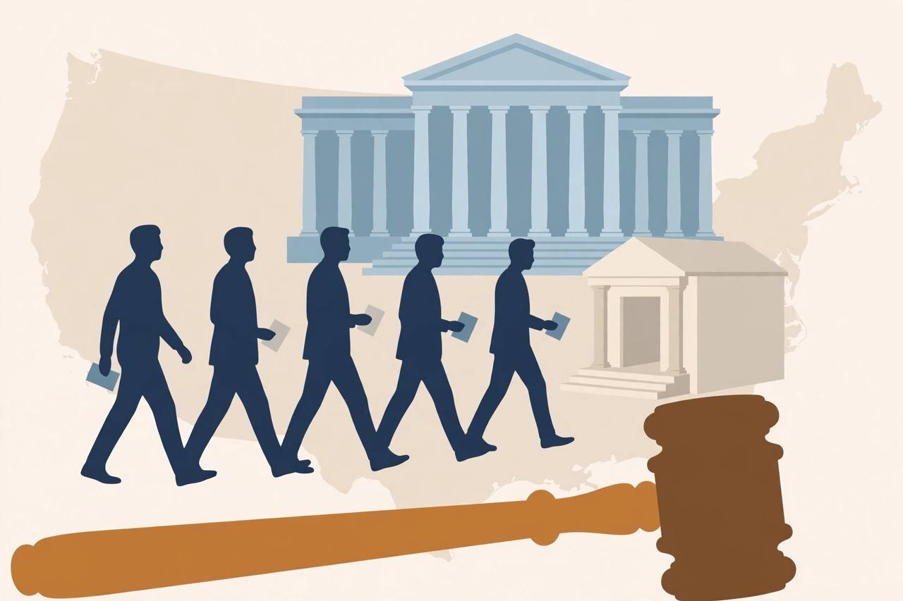 Editorial illustration of a generic federal courthouse, a gavel and generic voters with blank ballots in front of a soft United States map outline, flat style, no real person depicted