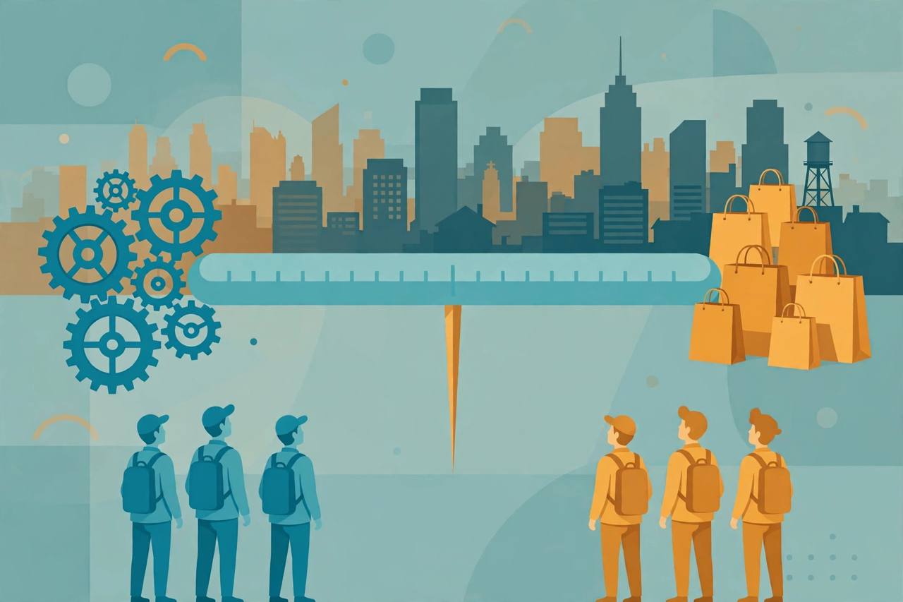 Editorial illustration of a flat gauge needle balancing factory gears and shopping bags before a city skyline, generic figures only