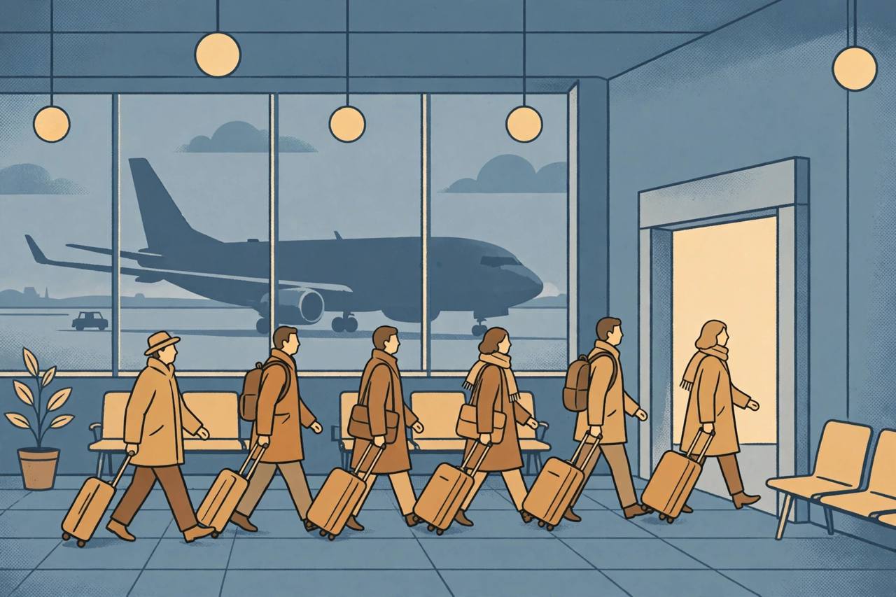 Editorial illustration of generic travellers with suitcases in a generic airport departure hall, flat style, no logos, no text, no real person or place depicted