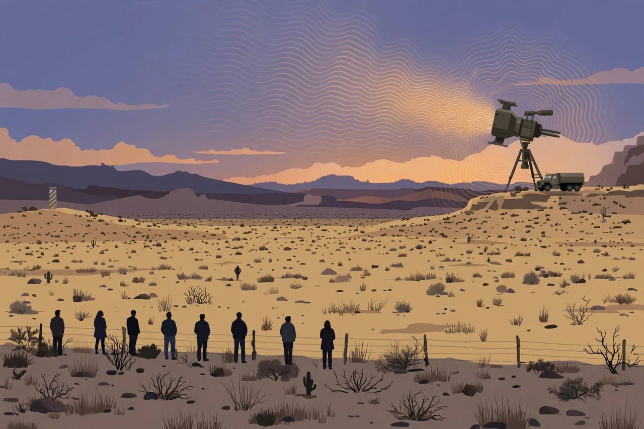 Editorial illustration of a desert border landscape with a vehicle-mounted directed-energy device on a hill and generic figures standing behind a fence