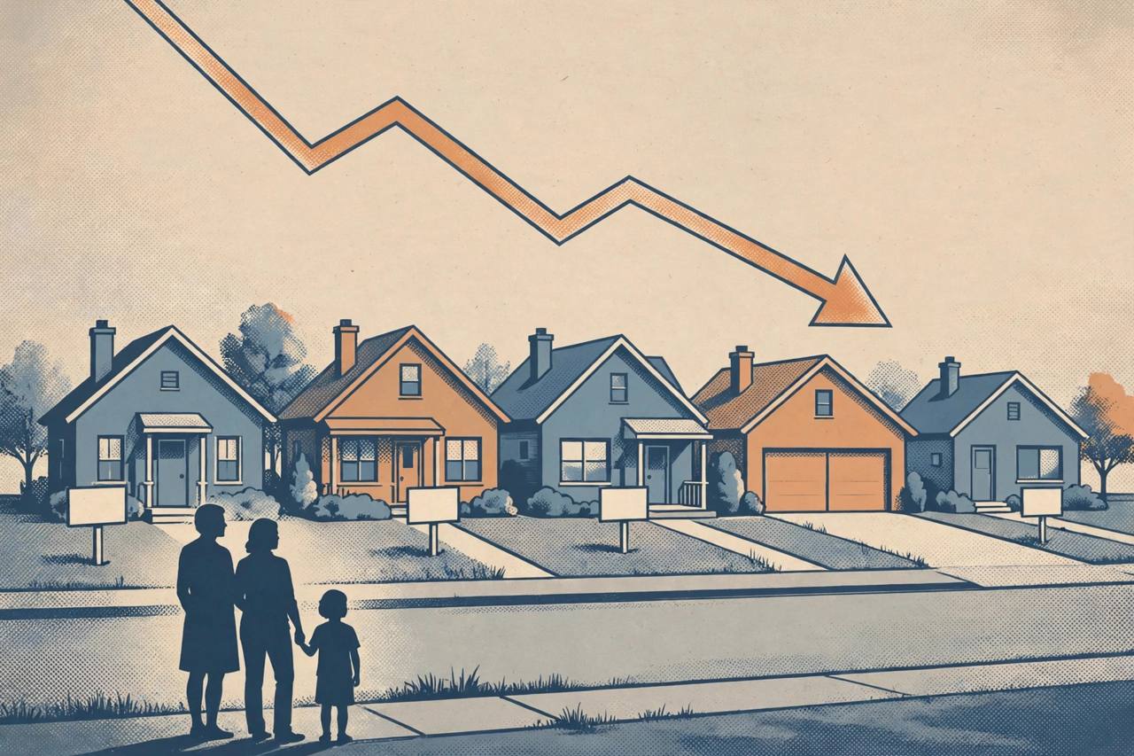 Editorial illustration of suburban homes with a falling arrow over rooftops as a family looks on