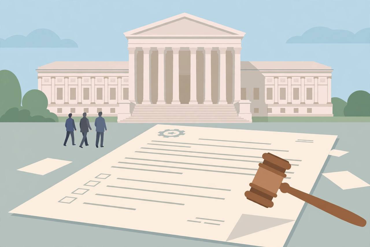 Editorial illustration of the US Supreme Court building with a generic patent document and gavel in the foreground
