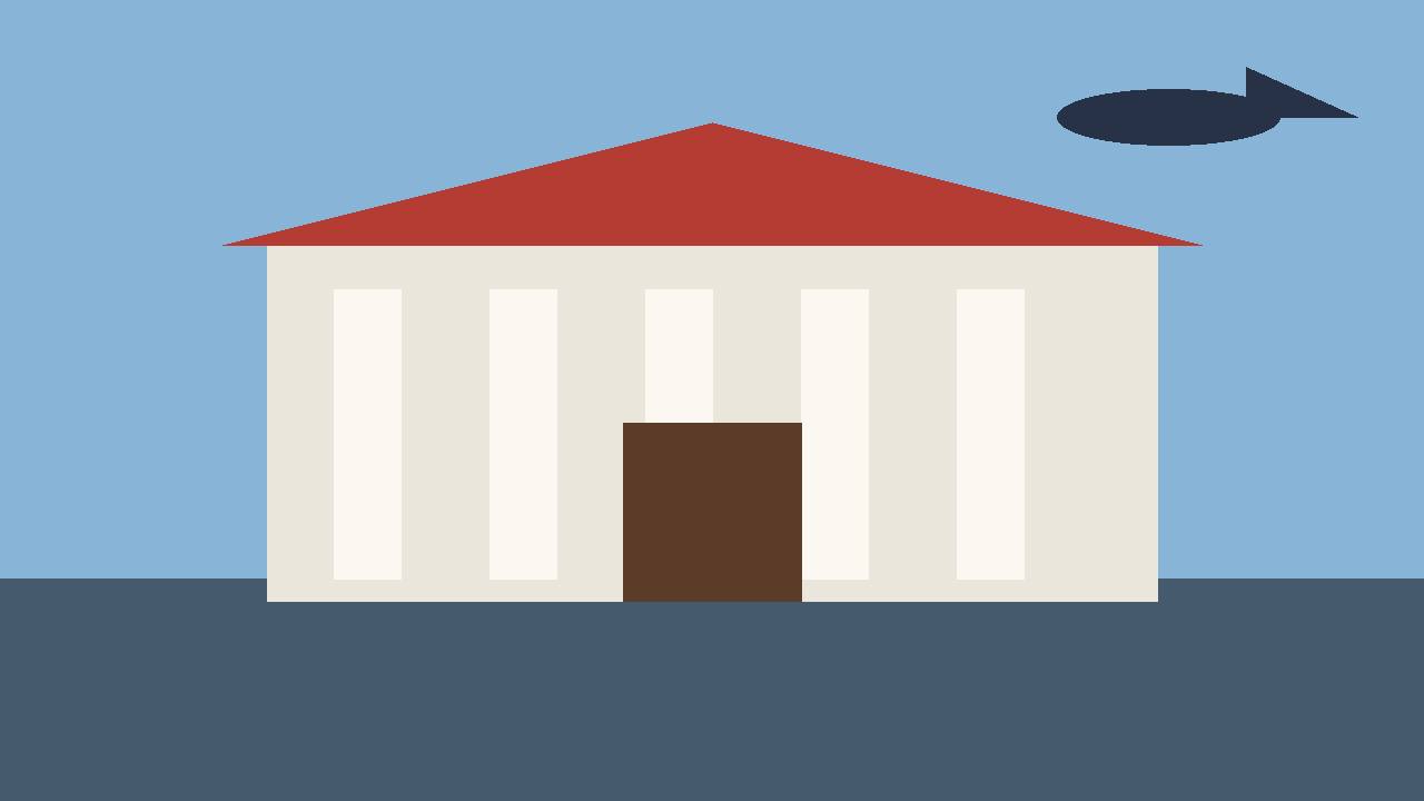 Editorial illustration of a US federal courthouse with an aircraft in the sky