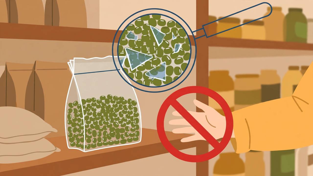 Editorial illustration of a bag of green mung beans on a grocery shelf with a magnifying glass showing glass shards among the beans and a hand stopped by a prohibition sign
