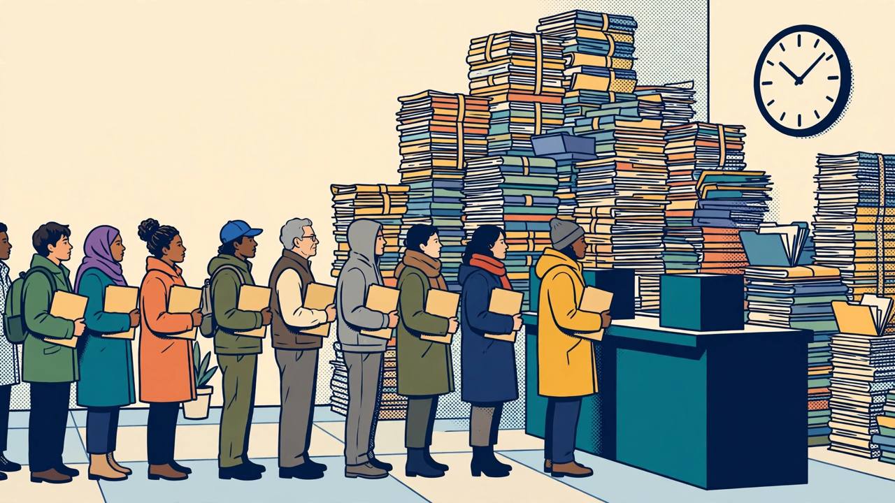Editorial illustration of generic people with document folders queueing at a counter in front of tall stacks of pending files and a wall clock, flat style, no text, no real person depicted
