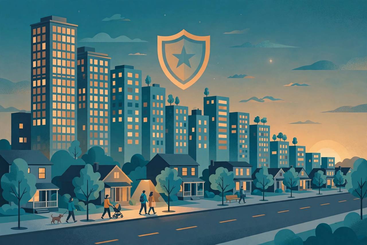 Editorial illustration of a calm American neighbourhood at dusk with residents walking safely and a shield above the skyline