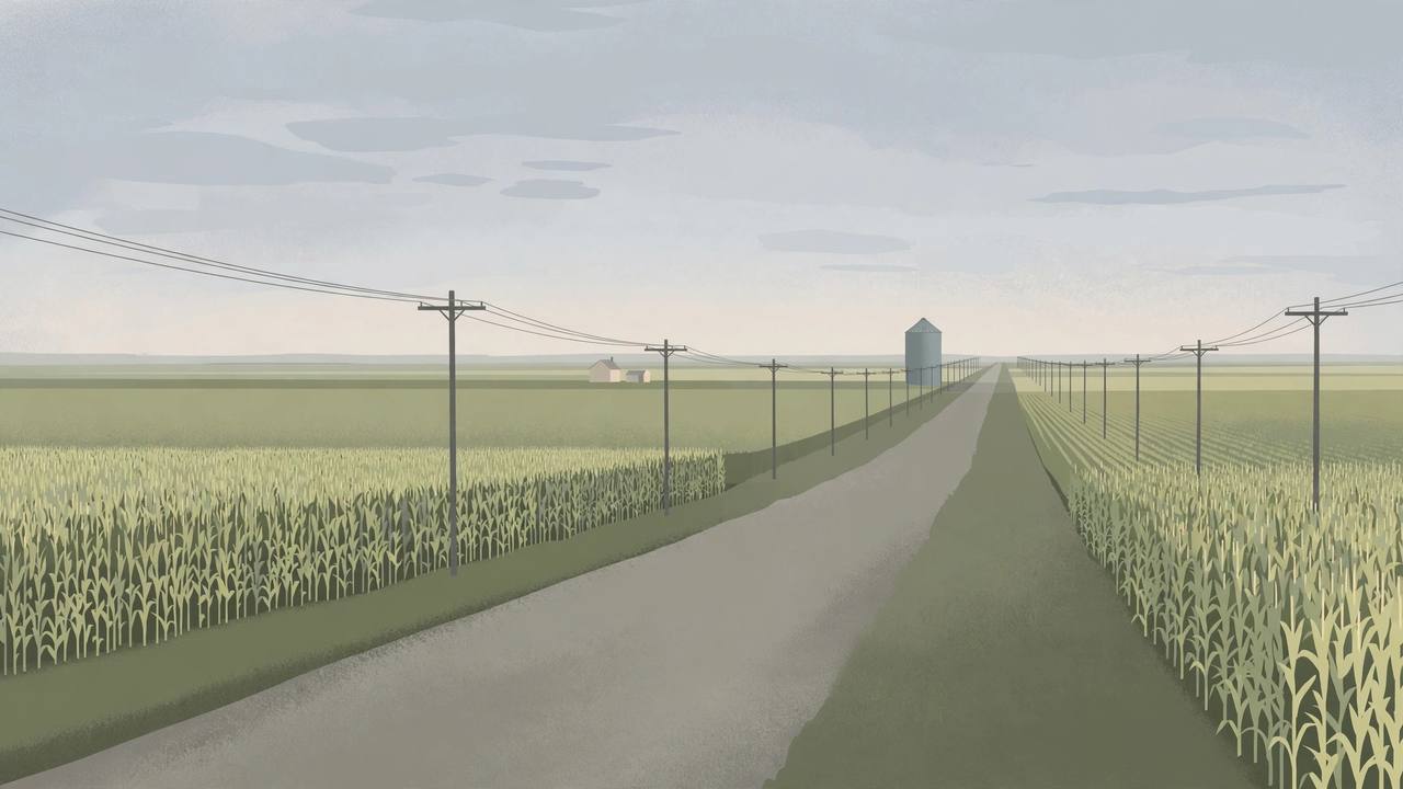 Editorial illustration of a quiet rural Nebraska county road through farmland at dawn; no incident depicted