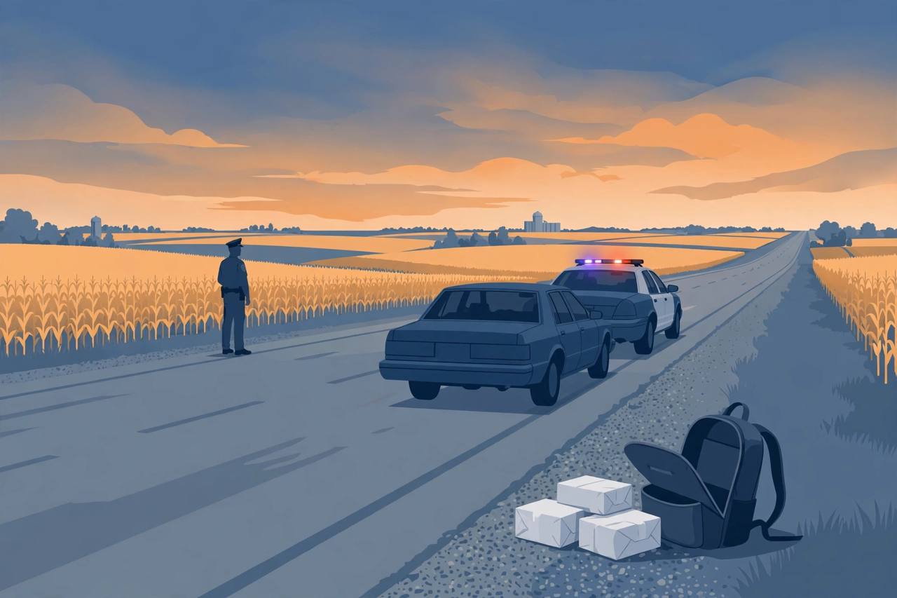 Editorial illustration of a highway patrol traffic stop on a Nebraska interstate at dusk