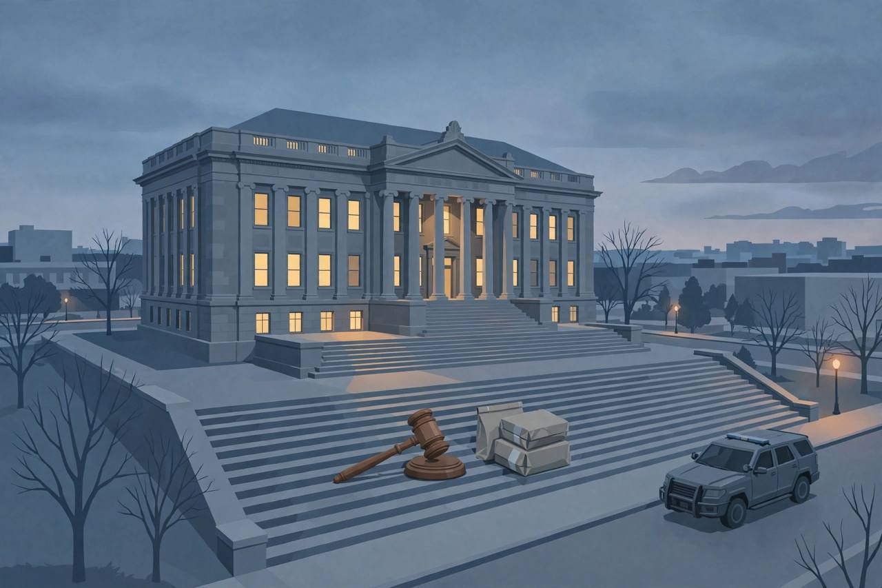 Editorial illustration of a generic federal courthouse at dusk with a gavel and sealed evidence bags on the steps, flat style, no real person depicted