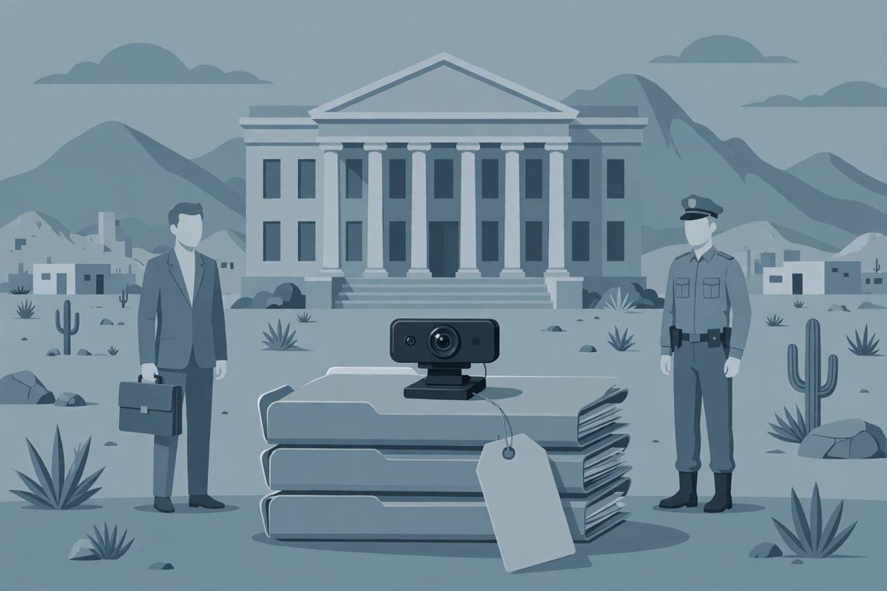 Editorial illustration of a generic courthouse with a body camera and a stack of records folders with a blank price tag in front, and generic lawyer and police officer figures, flat style, no text, no real person depicted