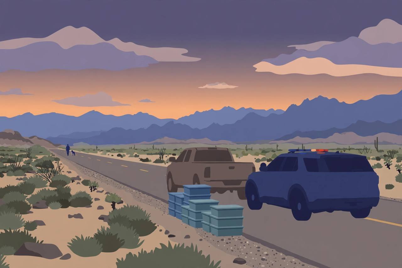 Editorial illustration of a desert highway in Nevada at dusk, with a sheriff vehicle stopped behind a pickup truck and storage totes beside the road