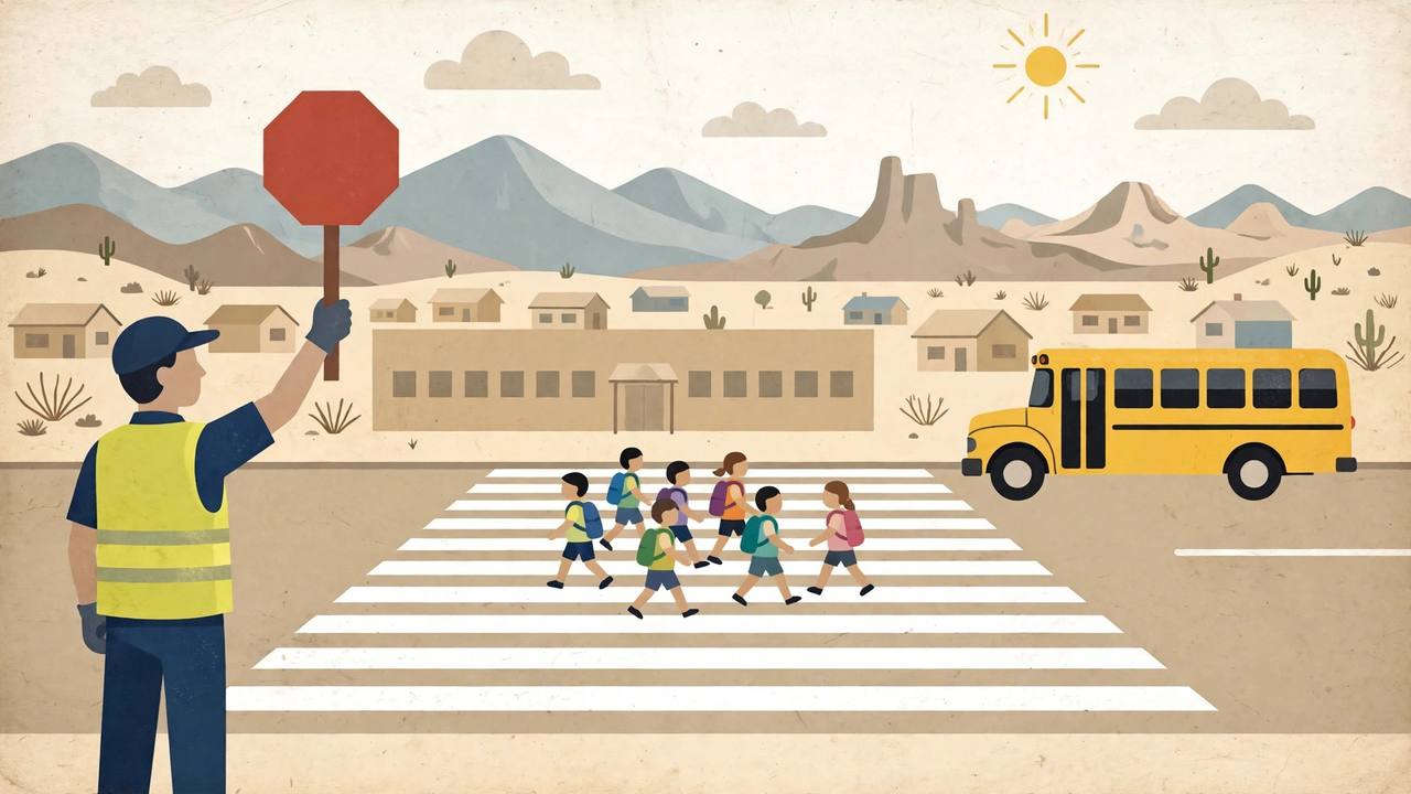 Editorial illustration of a generic school crossing guard in a hi-vis vest holding a blank red stop paddle while children cross at a zebra crossing near a school bus, flat style, no text, no real person depicted