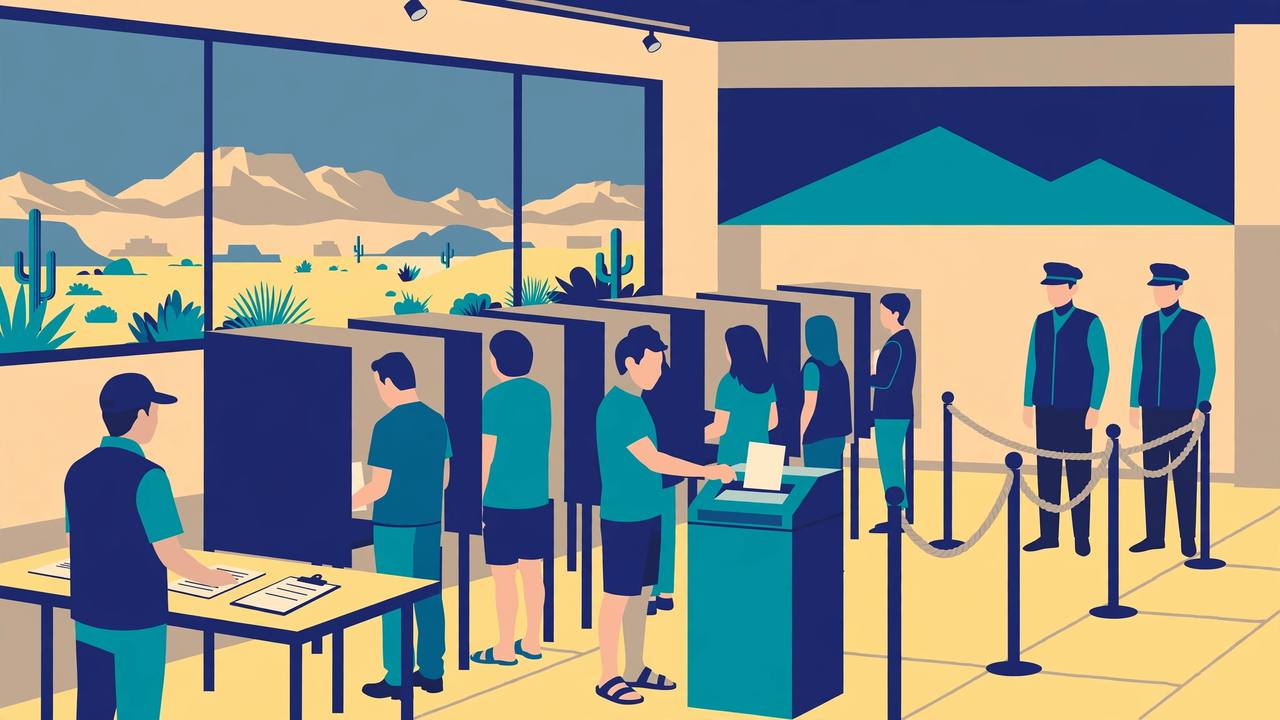 Editorial illustration of voters at booths and a ballot scanner inside a Nevada polling place, with two generic official observers standing in a roped designated area and desert mountains through the window