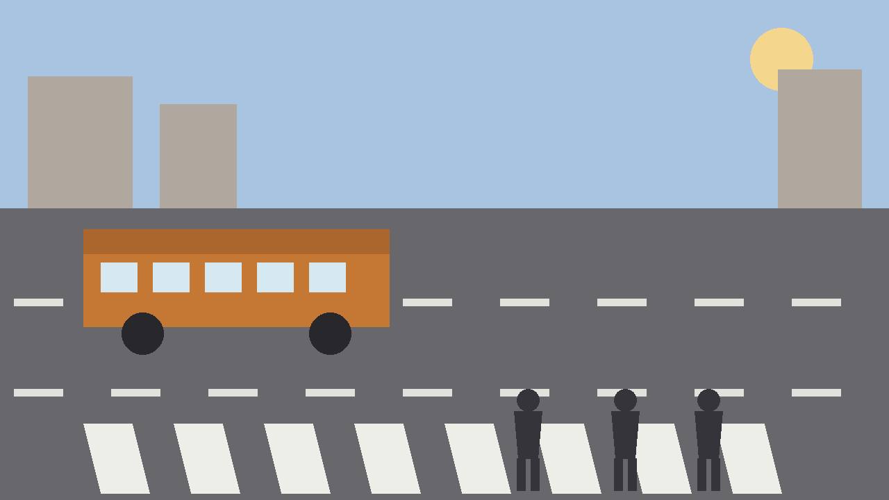 Editorial illustration of a wide multi-lane road with a crosswalk, a generic bus and generic pedestrian silhouettes, flat style, no real place or person depicted