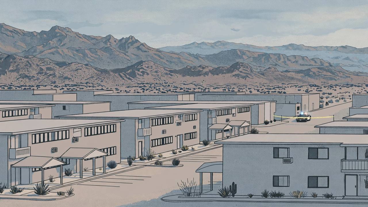 Editorial illustration of a quiet apartment neighbourhood in Henderson, Nevada at dawn, flat style, no incident depicted