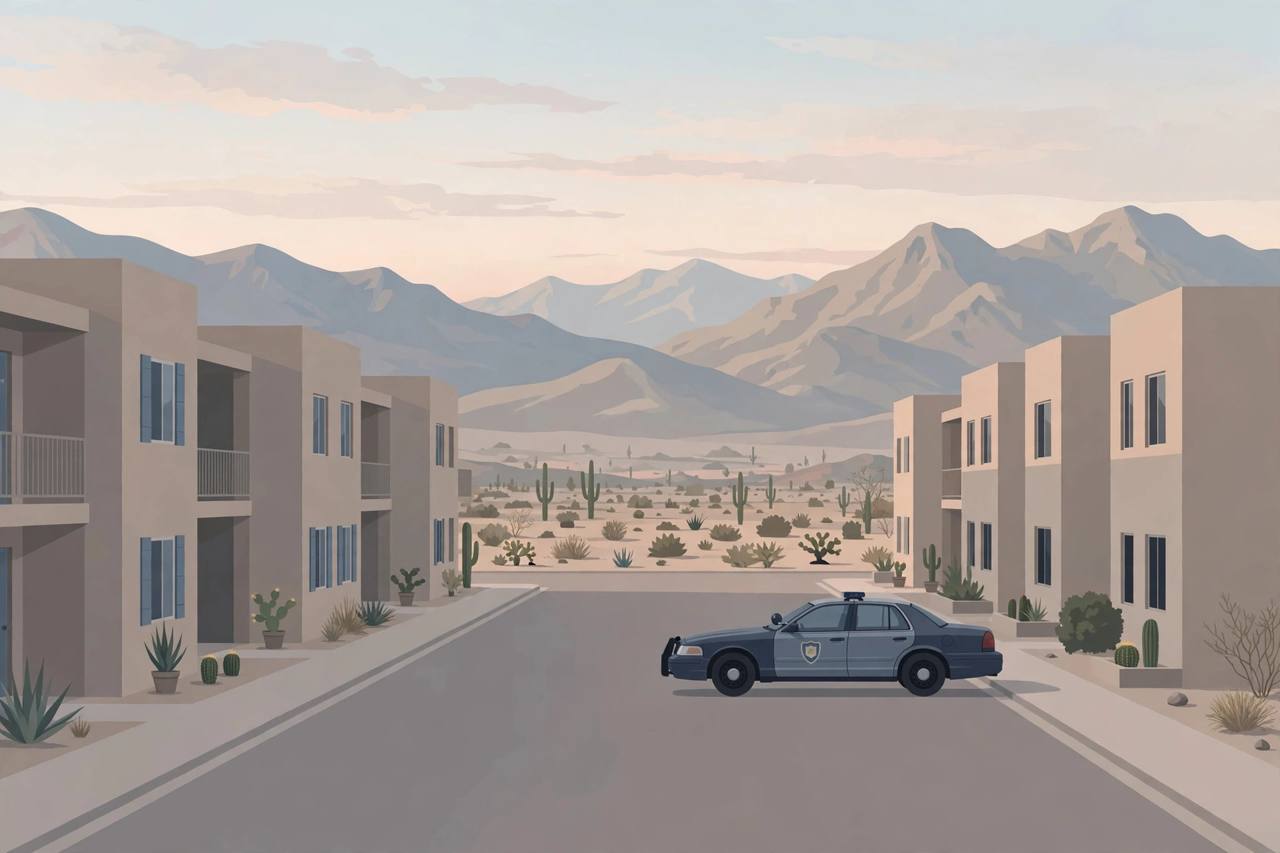 Editorial illustration of a quiet residential street in Henderson, Nevada at dawn, no incident depicted