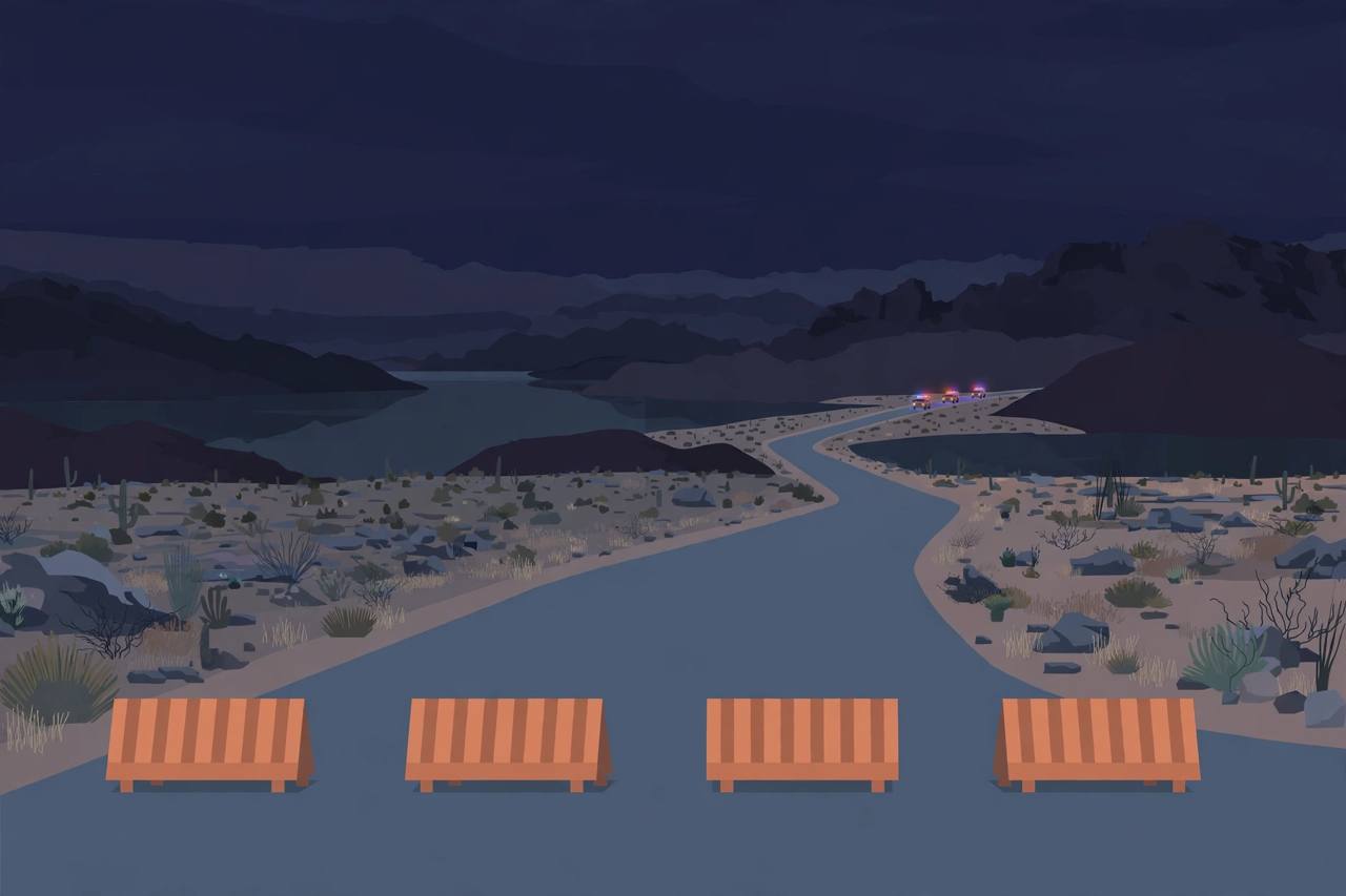 Editorial illustration of a desert parkway near Lake Las Vegas at night, closed with barriers and distant emergency lights; no person or wreckage is depicted