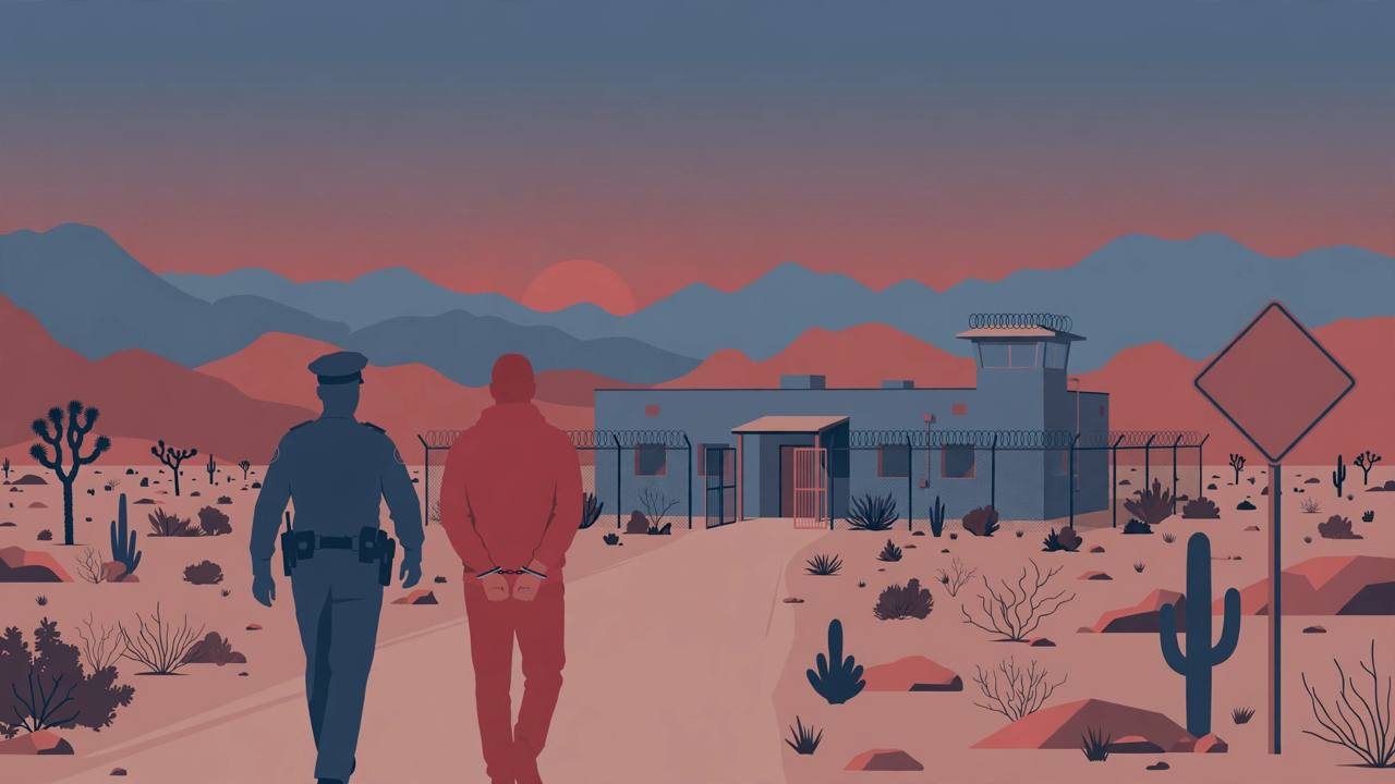 Editorial illustration of a desert detention centre in Nevada with an officer escorting a detainee