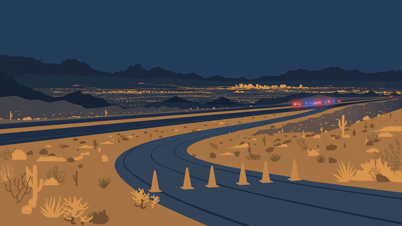 Editorial illustration of a closed night-time interstate off-ramp in the Las Vegas desert valley with distant emergency lights, flat style, no wreck or person depicted