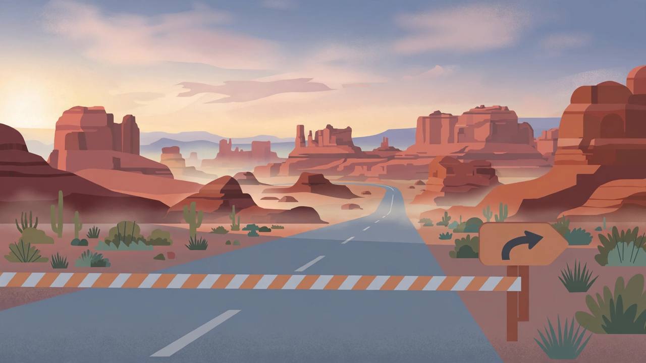 Editorial illustration of an empty desert interstate highway at dawn near red-rock formations, with a road-closure barrier and detour sign, no vehicles in the scene