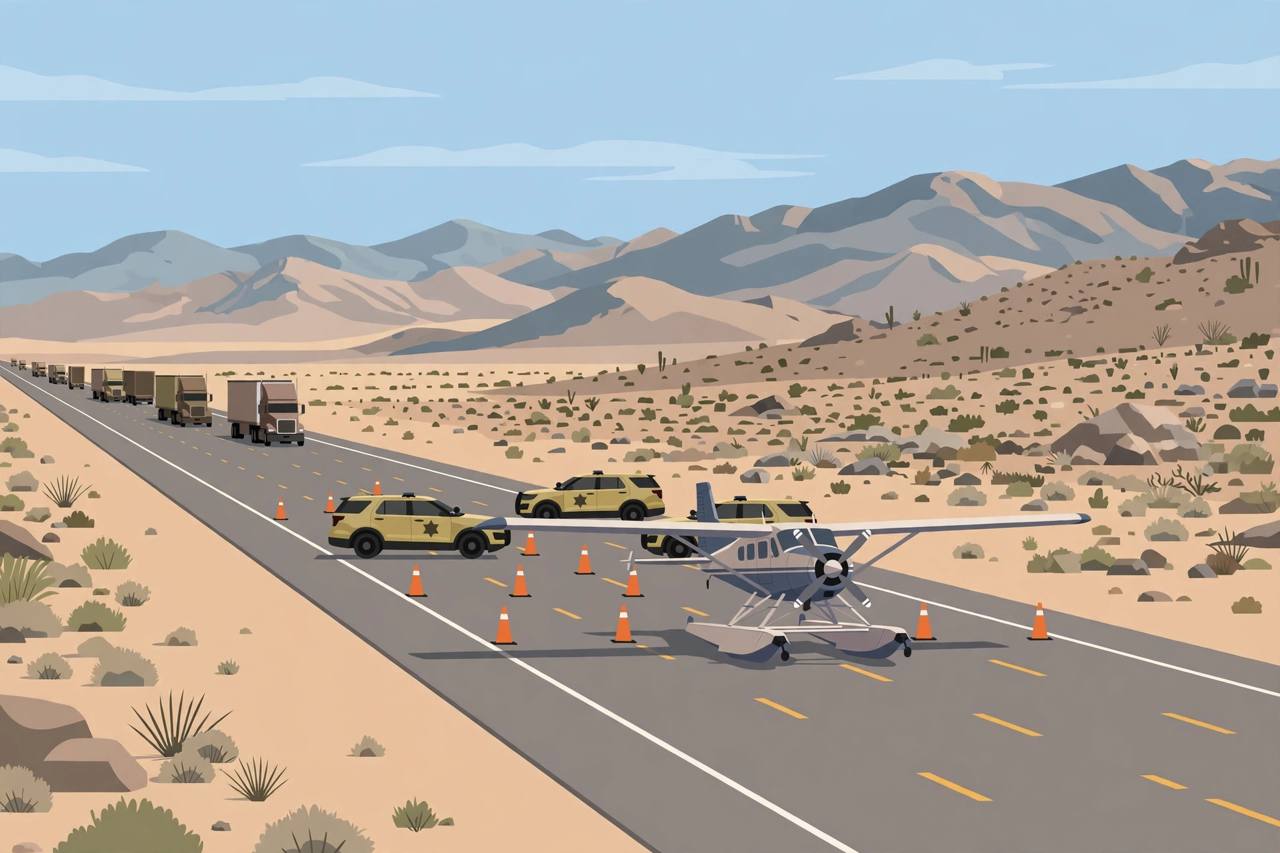 Editorial illustration of a small private aircraft stopped on a closed interstate highway in Nevada with sheriff vehicles and cones