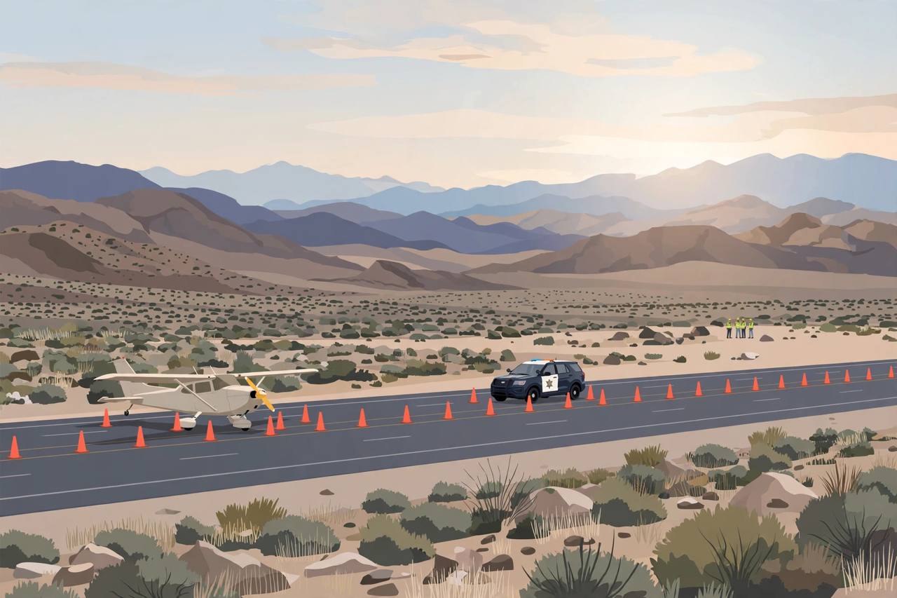 Editorial illustration of a small plane on a closed interstate highway in the Nevada desert with emergency responders nearby