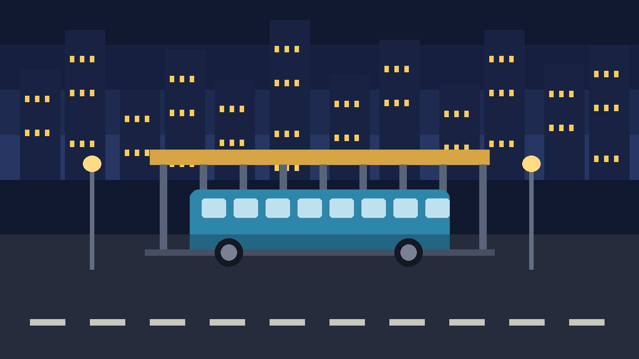Editorial illustration of a city bus waiting at a downtown transit center at night, flat style, no real person depicted