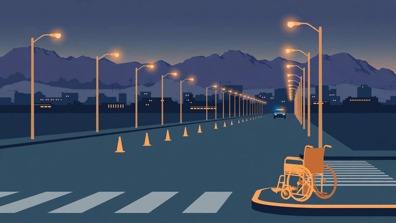 Editorial illustration of a quiet pre-dawn Las Vegas avenue with an empty wheelchair at a crosswalk curb and police investigation cones, flat style, no text, no person and no collision depicted