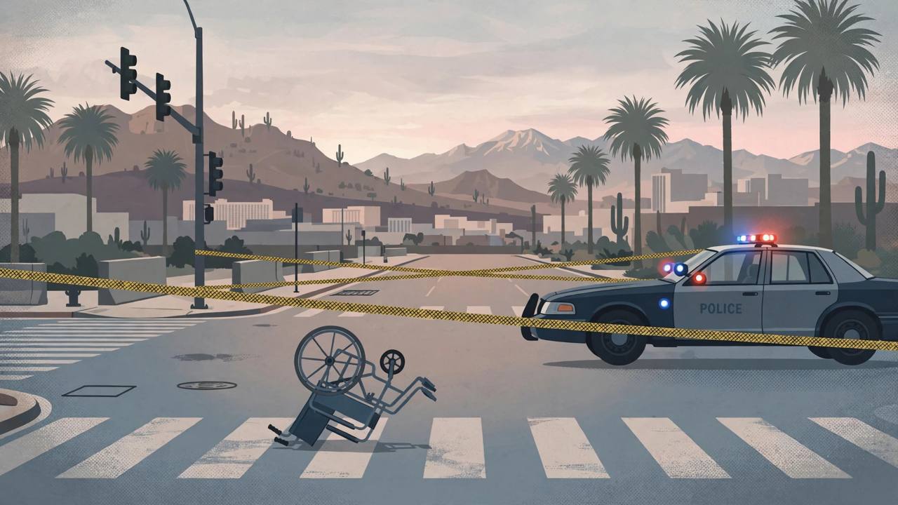 Editorial illustration of a Las Vegas intersection at dawn with an empty wheelchair on a crosswalk and a generic police car closing the road, flat style, no real person, no text