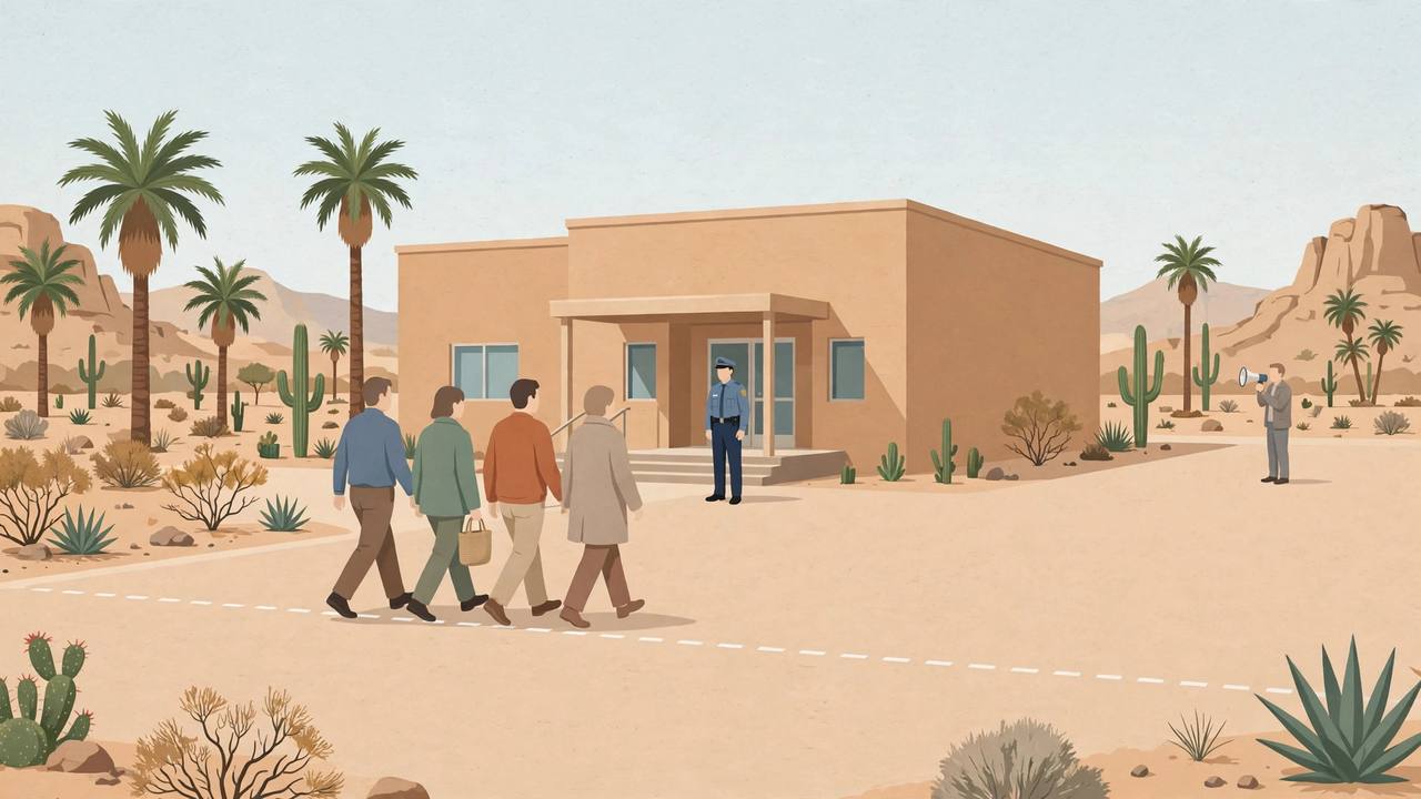 Editorial illustration of generic voters walking toward a plain desert community center, a calm police officer near the entrance and one distant generic figure with a megaphone, flat style, no text, no real person or place incident depicted