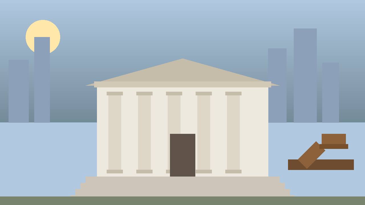 Editorial illustration of a courthouse with columns and a gavel in flat editorial style; no real person is depicted and the incident itself is not shown