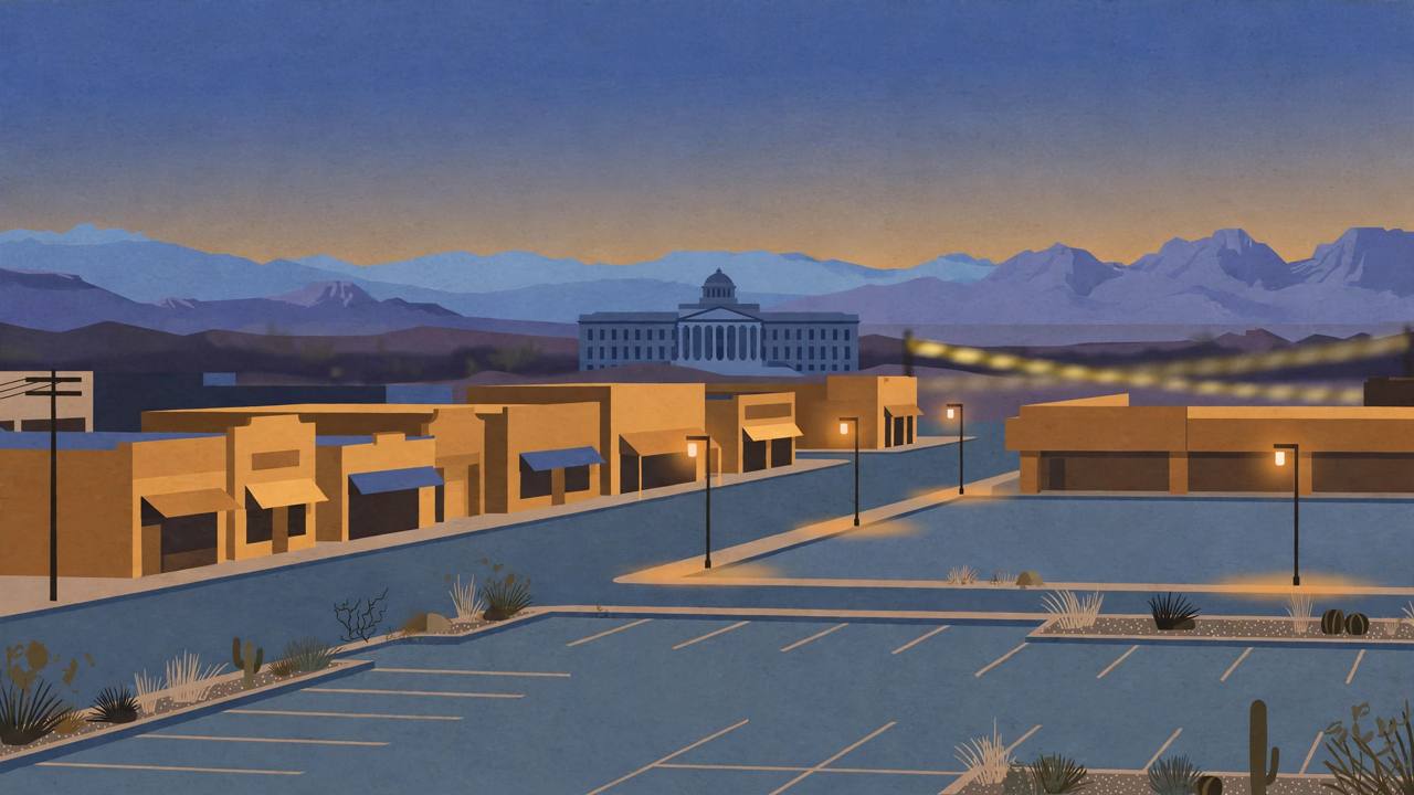 Editorial illustration of a quiet Las Vegas commercial street at dusk with low storefronts, a distant courthouse and desert mountains