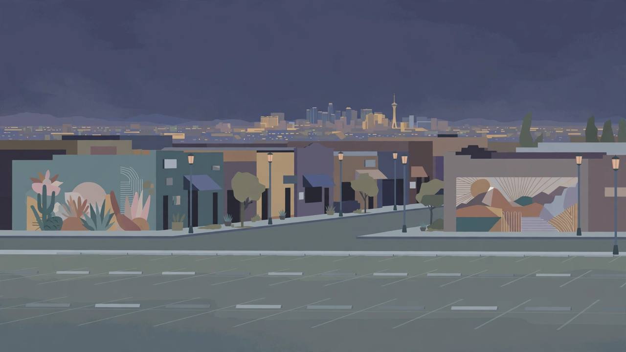 Editorial illustration of a quiet Arts District street and empty parking lot in Las Vegas at night, with murals on low buildings and the downtown skyline behind