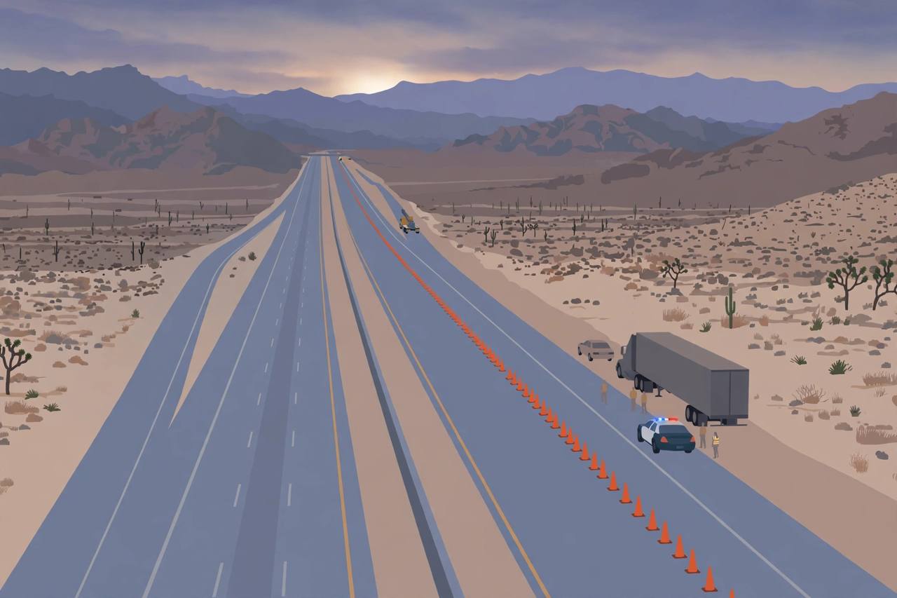 Editorial illustration of a closed desert freeway at dusk with cones, a generic patrol car, a semi-trailer and a tow truck, flat style, no real person or place depicted