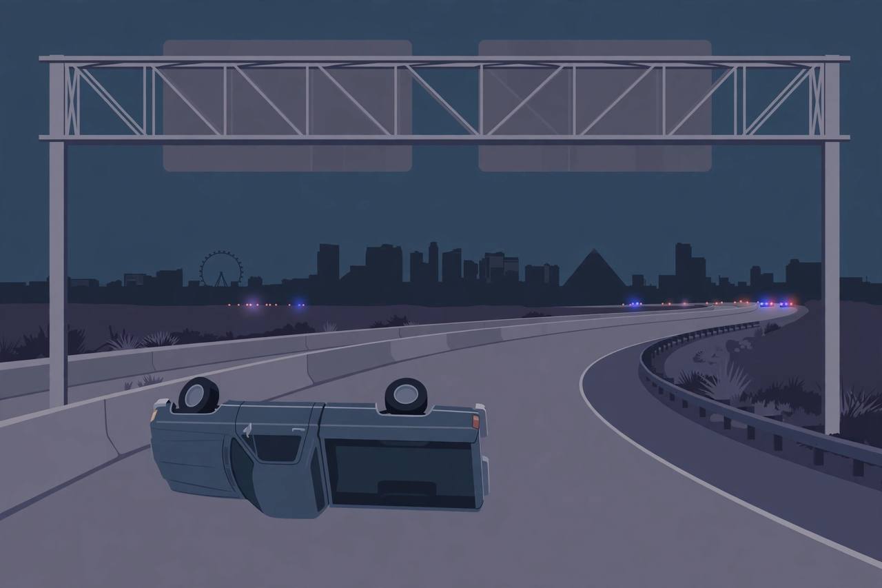 Editorial illustration of an overturned pickup truck on a Las Vegas freeway off-ramp at night, with distant emergency lights and the Strip skyline in the background